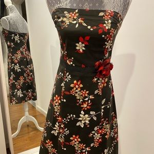 Black Floral Strapless Tea Length Dress